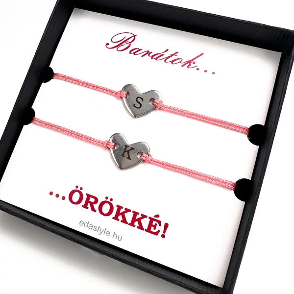 Barátság karkötő EGYEDI gravírozott szív medállal rózsaszín