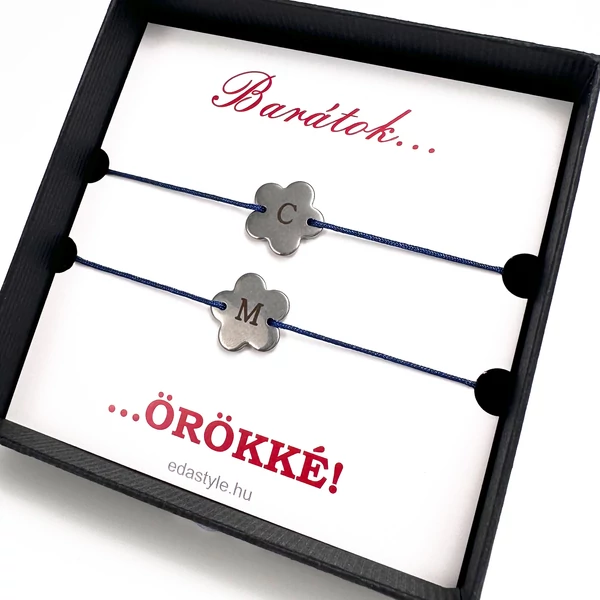 Barátság karkötő EGYEDI gravírozott virág medállal kék
