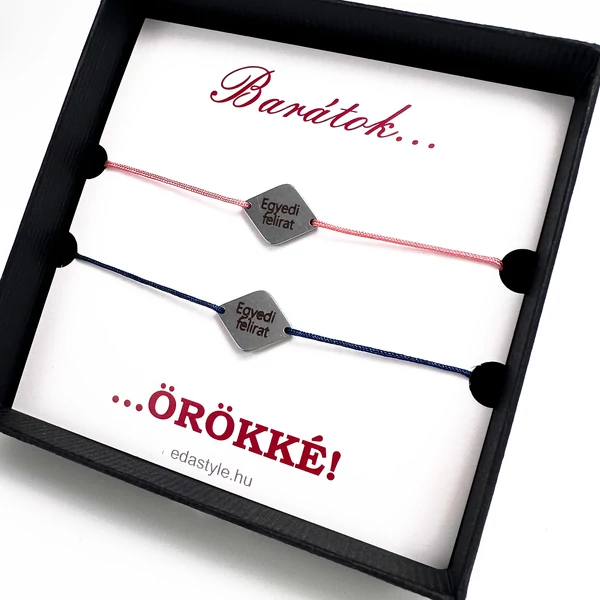 Barátság karkötő EGYEDI gravírozott rombusz medállal rózsaszín-kék