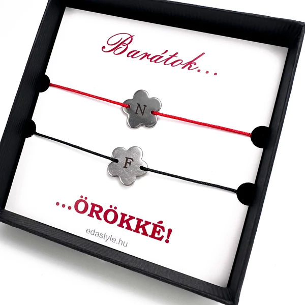 Barátság karkötő EGYEDI gravírozott virág medállal piros-fekete
