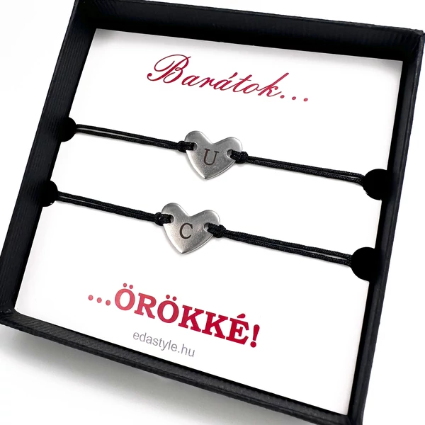 Barátság karkötő EGYEDI gravírozott szív medállal fekete