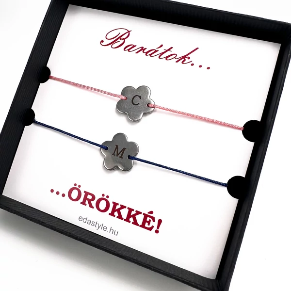 Barátság karkötő EGYEDI gravírozott virág medállal rózsaszín-kék