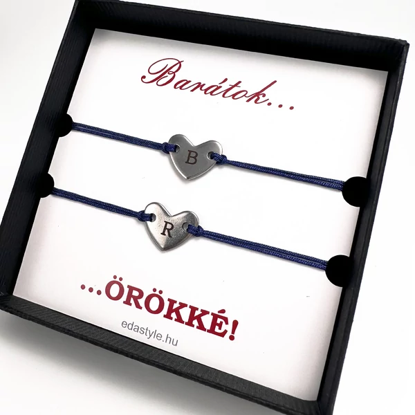 Barátság karkötő EGYEDI gravírozott szív medállal kék