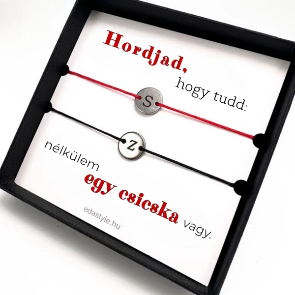 Csicska vagy Páros karkötő EGYEDI gravírozható kör medállal Fekete-Piros