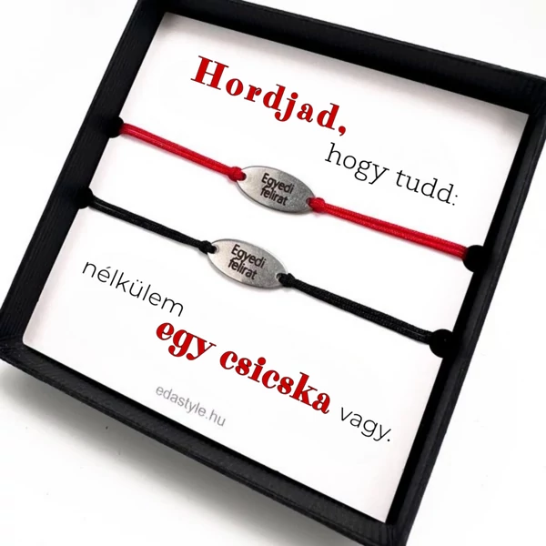 Csicska vagy Páros karkötő EGYEDI gravírozott ovál medállal Piros-Fekete