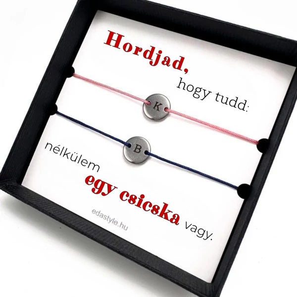 Csicska vagy Páros karkötő EGYEDI gravírozható kör medállal Kék-Rózsaszín