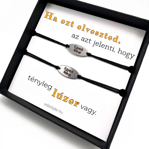 Lúzer vagy Páros karkötő EGYEDI gravírozott ovál medállal Fekete