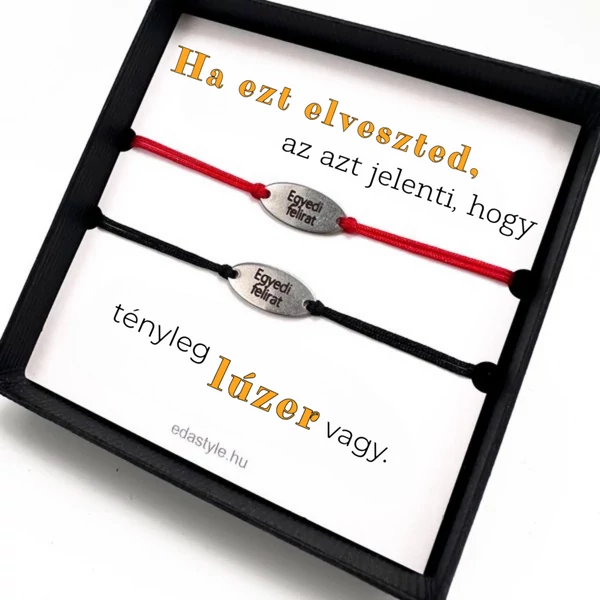 Lúzer vagy Páros karkötő EGYEDI gravírozott ovál medállal Piros-Fekete
