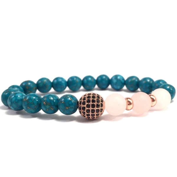 Türkid és matt rózsakvarc  rozé cirkon labdás karkötő