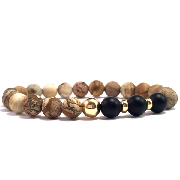 Jáspis és matt ónix arany gyöngy karkötő