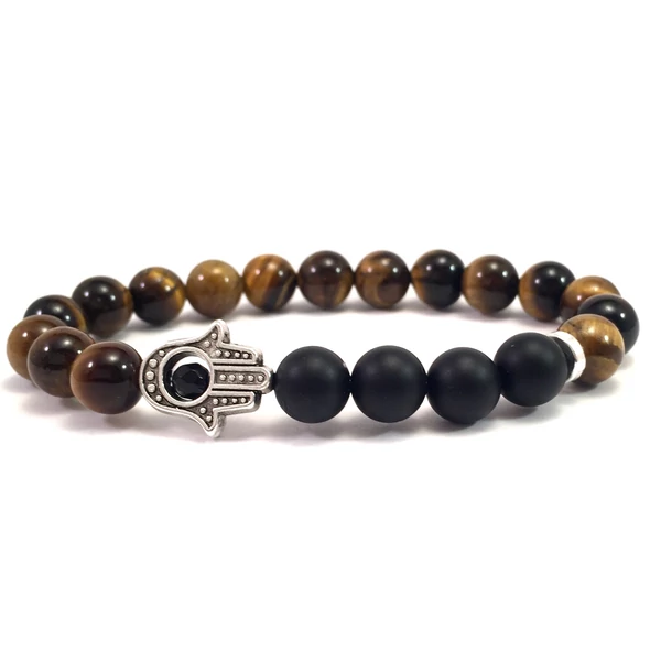 Tiger's eye and matte onyx hamsa bracelet