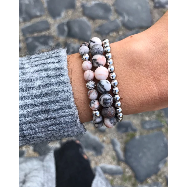 Zebra jáspis ezüst cirkon labdás luxury karkötő szett