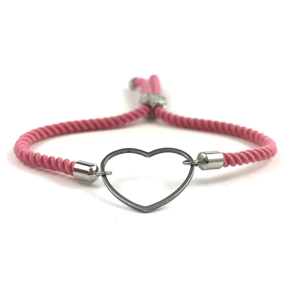 Ezüst szíves rózsaszín sodrott zsinór karkötő 