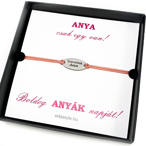 Szeretlek Anya gravírozott acél medálos barack zsineg karkötő