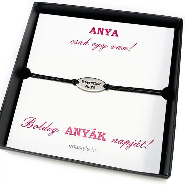 Szeretlek Anya gravírozott acél medálos fekete zsineg karkötő