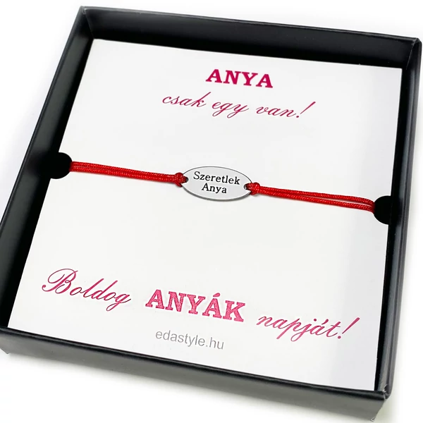 Szeretlek Anya gravírozott acél medálos piros zsineg karkötő
