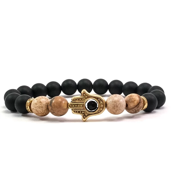 Matte onyx and jasper gold hamsa bracelet 