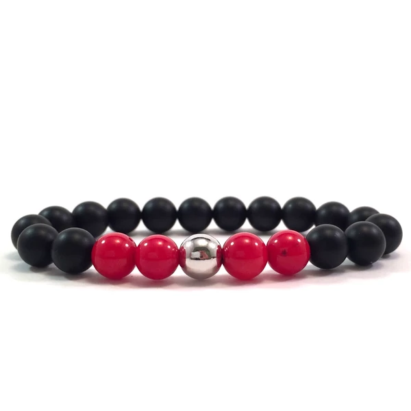 Matt ónix és korall ezüst gyöngy karkötő