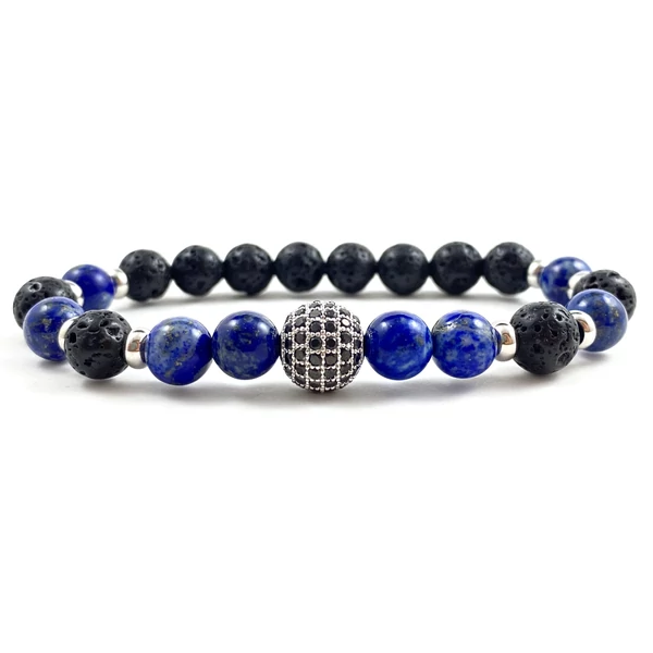 Matt ónix és lazurit luxury ezüst cirkon labdás karkötő