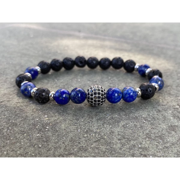 Matt ónix és lazurit luxury ezüst cirkon labdás karkötő