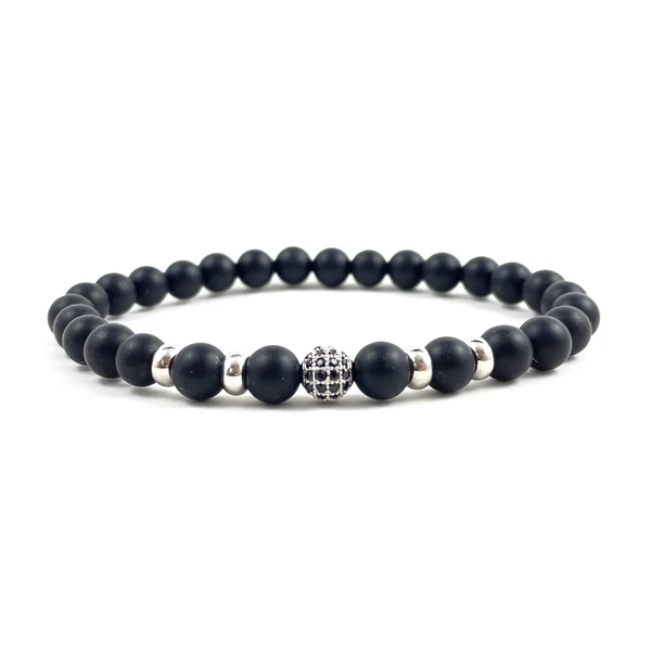 Matt ónix ezüst mini cirkon labdás karkötő