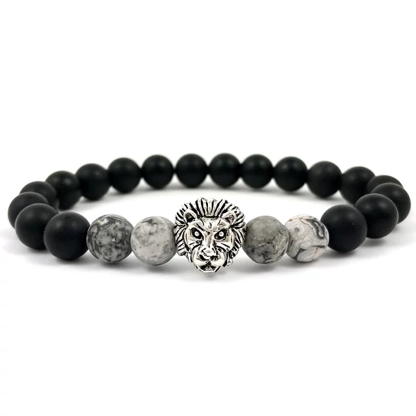 Matt ónix és szürke jáspis ezüst oroszlános karkötő