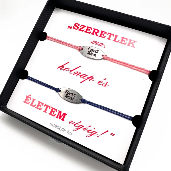 Páros karkötő EGYEDI gravírozott ovál medállal Rózsaszín-Kék