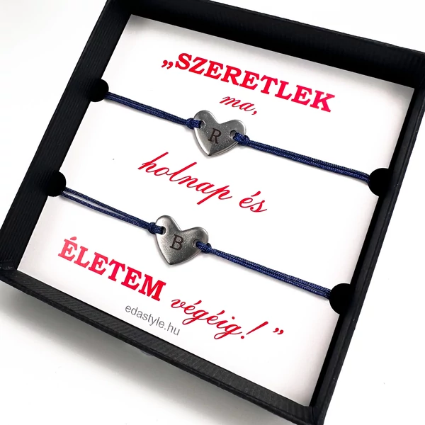 Páros zsineg karkötő gravírozható szív medállal Kék