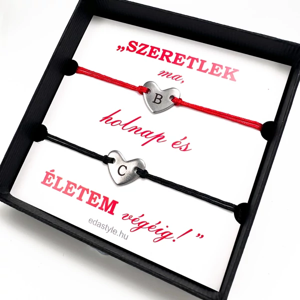 Páros zsineg karkötő gravírozható szív medállal Piros-fekete