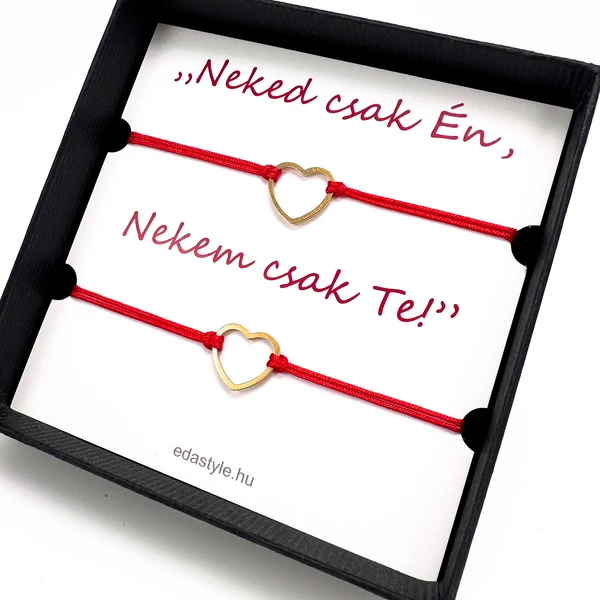 Páros zsineg karkötő arany szív medállal Piros