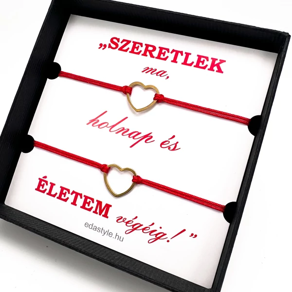 Páros zsineg karkötő arany szív medállal Piros