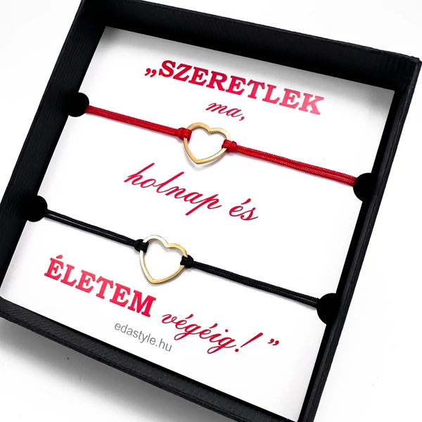 Páros zsineg karkötő arany szív medállal Piros-Fekete