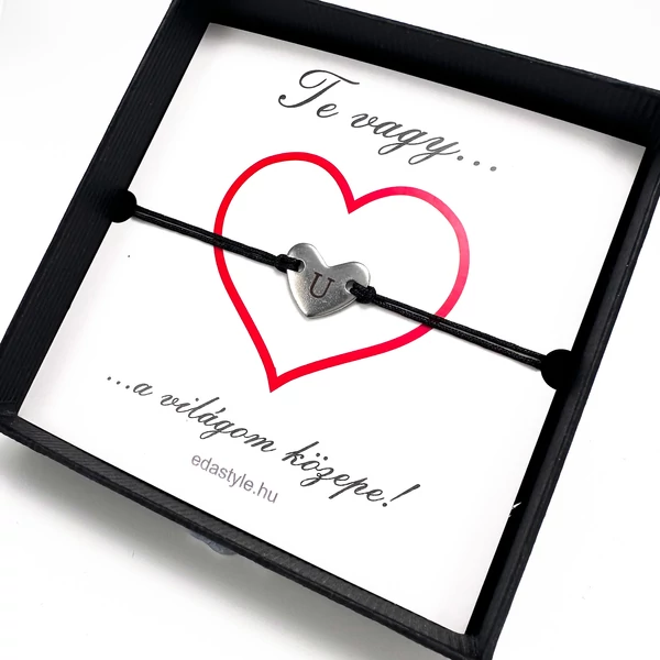 Világom közepe... karkötő gravírozható szív medállal Fekete