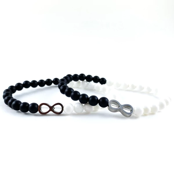 Ezüst végtelen jeles Jin-jang ónix és gyöngyház páros karkötő