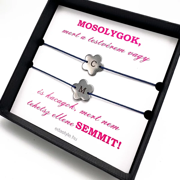 Testvér zsineg karkötő gravírozható virág medállal Kék