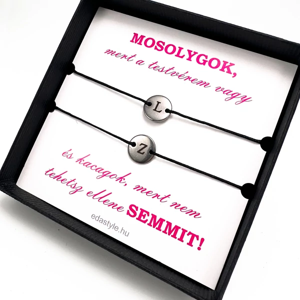 Testvér zsineg karkötő gravírozható kör medállal Fekete