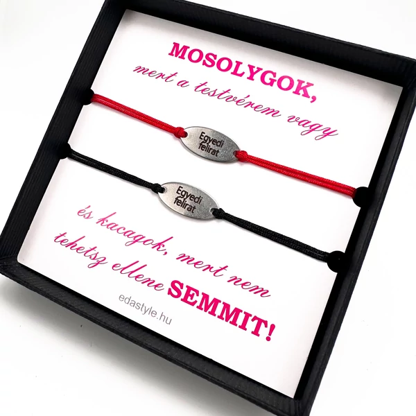 Testvér karkötő EGYEDI gravírozott ovál medállal Piros-Fekete