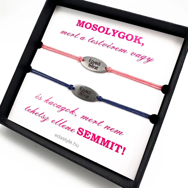 Testvér karkötő EGYEDI gravírozott ovál medállal Rózsaszín-Kék