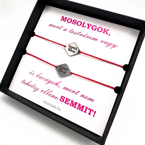 Testvér karkötő EGYEDI gravírozott rombusz medállal Piros