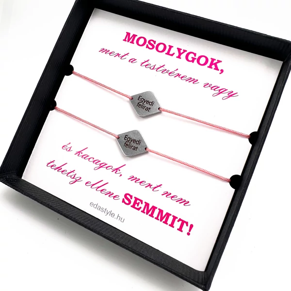 Testvér karkötő EGYEDI gravírozott rombusz medállal Rózsaszín