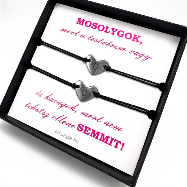 Testvér zsineg karkötő gravírozható szív medállal Fekete