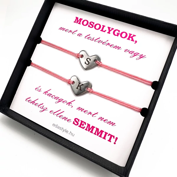 Testvér zsineg karkötő gravírozható szív medállal Rózsaszín