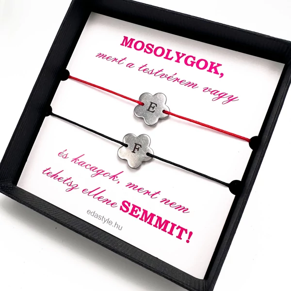 Testvér zsineg karkötő gravírozható virág medállal Piros-Fekete